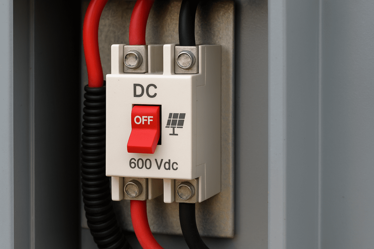 «نمونهای از کلید DC خورشیدی (DC Isolator) با مکانیزم قطع چرخشی، نصبشده در تابلو DC برای ایزولاسیون ایمن جریان مستقیم پیش از اینورتر» کلید DC در پنل خورشیدی